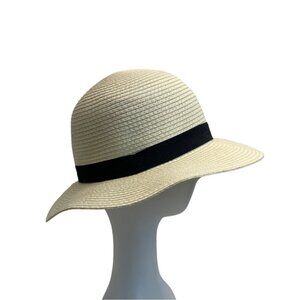 Wallabe Wide Brim Beige Straw Hat With Black Ribbon One Size